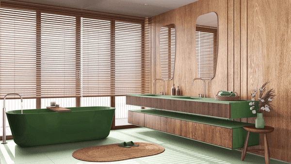 A luxurious modern bathroom featuring wooden Venetian blinds, a green bathtub, floating vanity, and a natural wood finish for a sleek, spa-like ambiance.