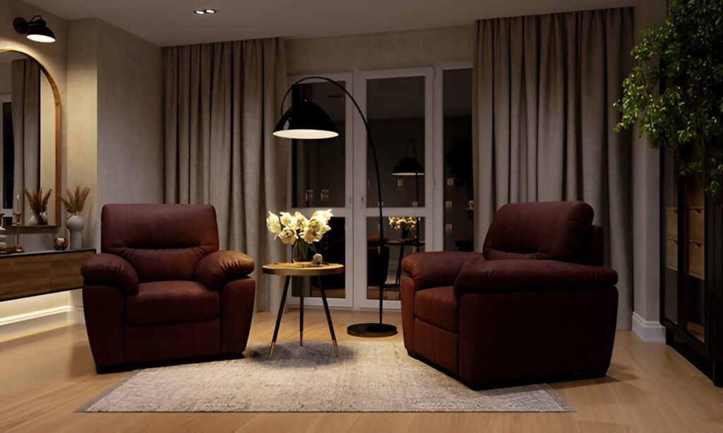 A modern living room in Dubai featuring soft, elegant Dubai blackout curtains, rich brown leather armchairs, and warm lighting for a cozy and stylish ambiance.
