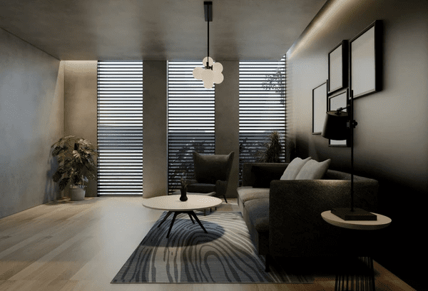 A stylish modern living room featuring sleek roman blinds, enhancing the luxury and privacy of homes in Dubai for 2025.