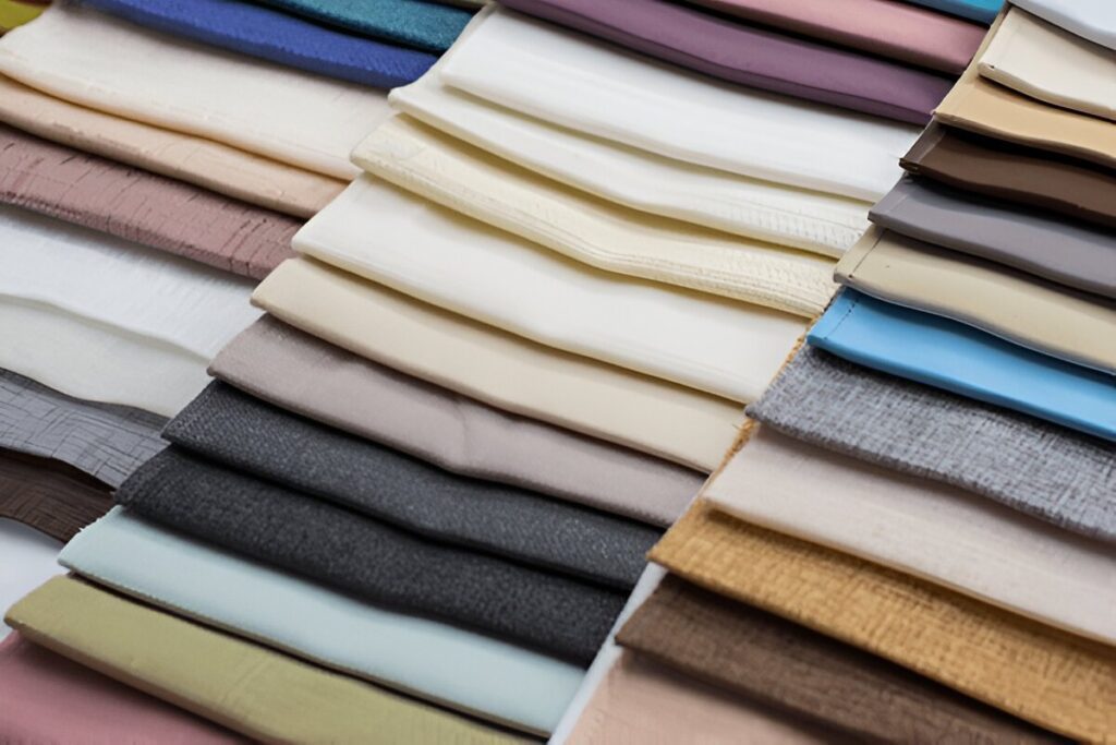 A diverse range of fabric and material samples for Roman blinds, showcasing various textures, colors, and styles available for customization.