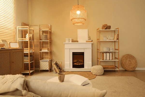 A beautifully decorated living room with warm lighting, a stylish electric fireplace, and wooden blinds filtering natural sunlight. The space features cozy beige tones, woven storage shelves, soft cushions, and rustic décor elements, creating a relaxing and inviting atmosphere.