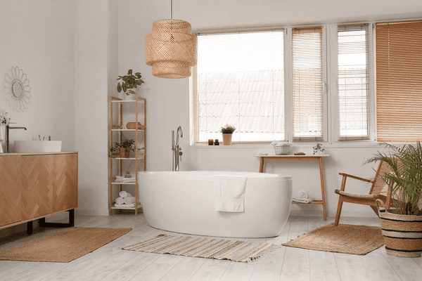 A stylish bathroom with natural wooden accents, a freestanding bathtub, and modern window blinds, showcasing the best sleek and affordable window blinds in Dubai for 2025.