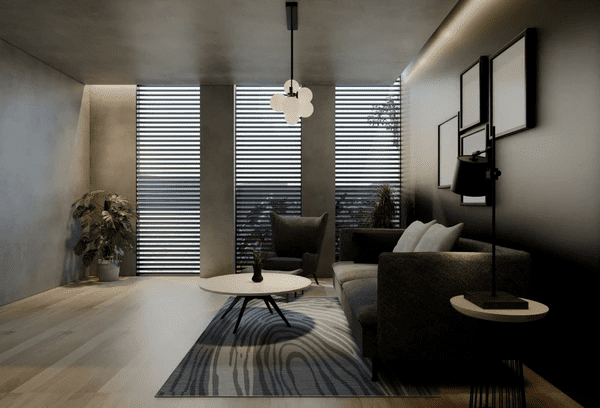 A modern living room featuring sleek cut-size blinds that enhance the luxurious and elegant ambiance, providing a trendy and stylish interior design in Dubai 2025.