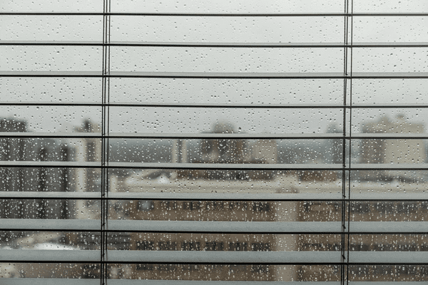 A rainy cityscape seen through horizontal window blinds, emphasizing the need for water-resistant blinds in humid and wet conditions in Dubai 2025.