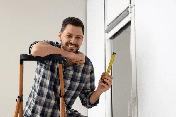 A professional installer in Dubai measuring a window with a tape measure while standing on a stepladder, preparing for a blinds installation.