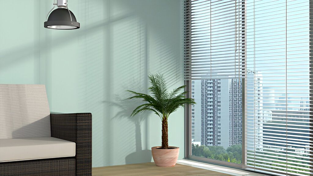 A stylish modern interior featuring sleek Venetian blinds, blending Emirati cultural aesthetics with trendy and functional window coverings, ideal for Dubai’s luxury homes.