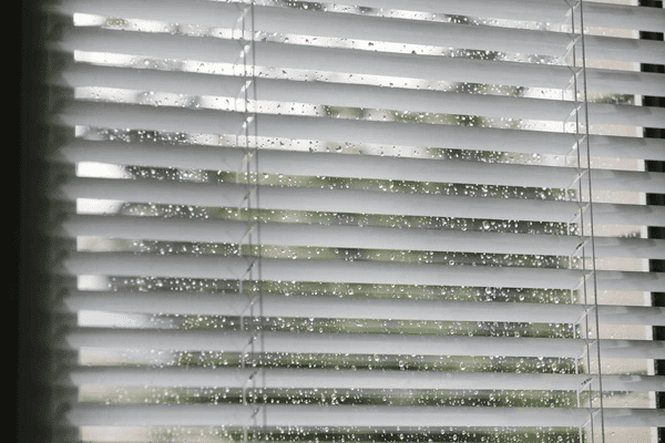 Close-up of horizontal window blinds covered in raindrops, ideal for reducing condensation and enhancing moisture resistance in Dubai 2025 homes.
