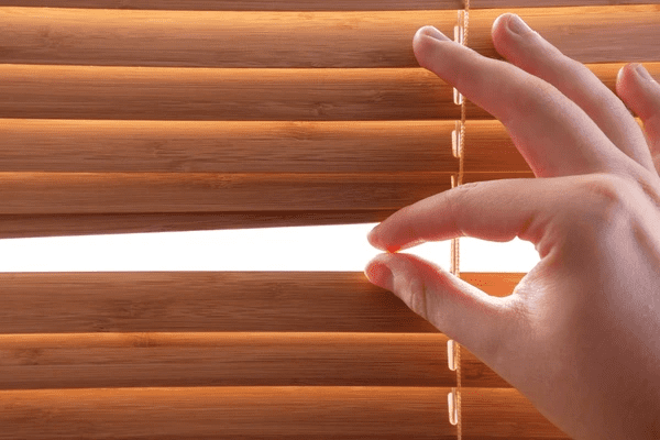 A close-up of a hand slightly opening stylish wooden cut blinds, allowing a glimpse of natural light. These trendy and modern blinds offer a sleek and elegant touch to any interior space.