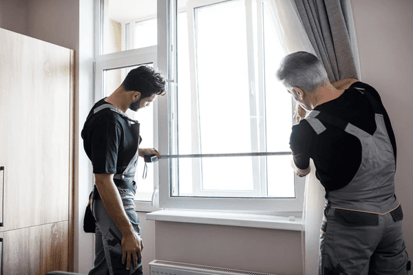Two professional workers measuring a window with precision, following Dubai 2025’s top-rated blind installation guide for a perfect fit.