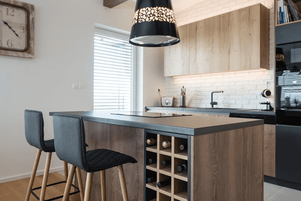 Contemporary kitchen with wooden cabinets and sleek horizontal blinds, reflecting the best blinds for kitchens in Dubai 2025 with a clean, modern design.