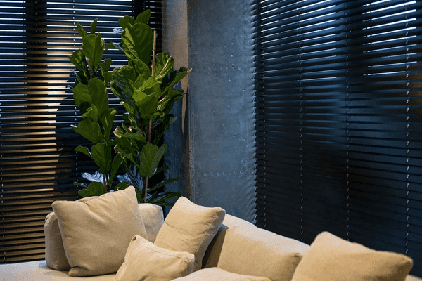 Cozy living room in Dubai featuring black aluminum Venetian fire resistant blinds, neutral-toned sofa, and lush indoor plants.