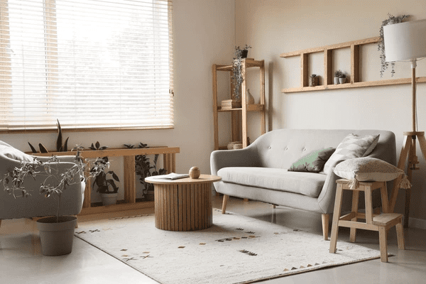 A cozy and modern living room with wooden blinds, neutral-tone furniture, and natural decor, creating a warm and inviting ambiance.