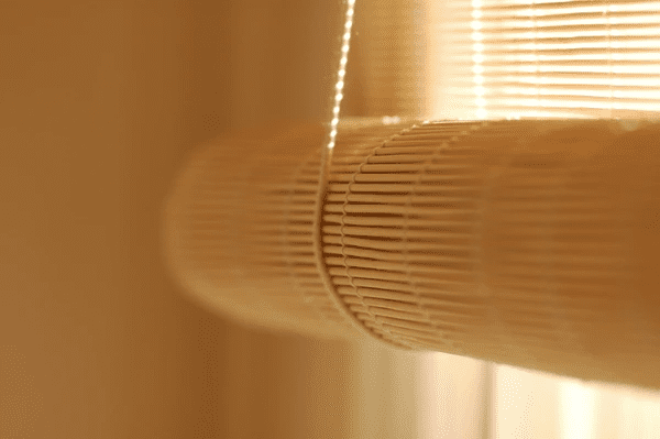 Close-up of natural bamboo recycled blinds rolled up with warm sunlight shining through.