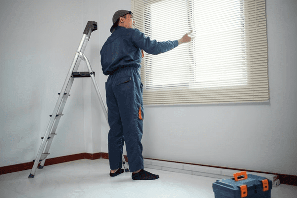 Uniformed repairman adjusting freshly installed beige blinds in a bright Dubai interior.