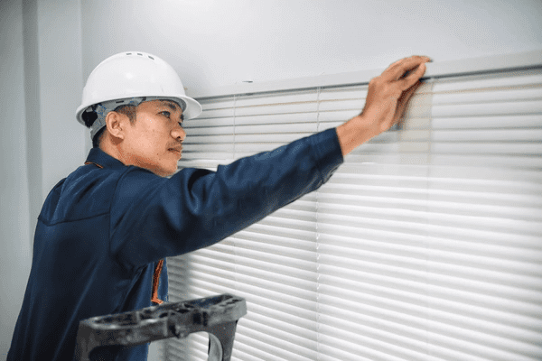 Professional repairman in uniform and helmet fixing horizontal blinds with precision in Dubai.