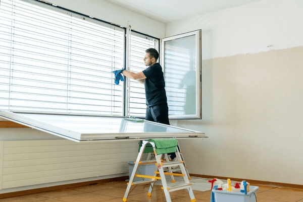 Emirati Blinds & Curtains staff cleaning window blinds in a modern Dubai home interior in 2025