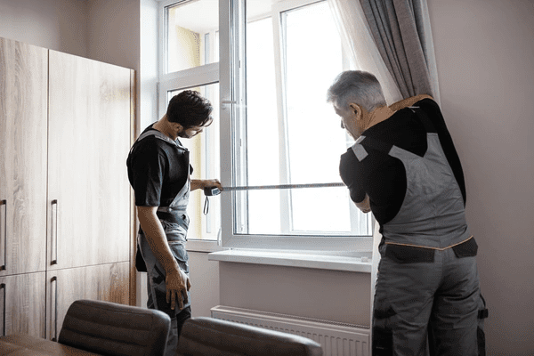 Two professional workers measuring a window for installing sleek fire resistant blinds in a modern Dubai apartment.