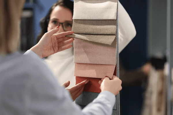 Customer browsing soundproof curtain fabric options in a shop, focusing on modern and trendy designs.