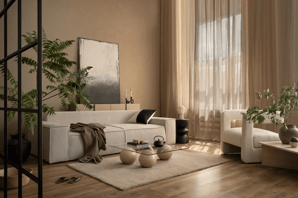 Modern living room featuring sleek soundproof curtains that enhance privacy and comfort, creating a cozy and elegant atmosphere.