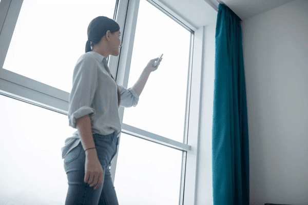 Woman using a remote to control eco-friendly motorized curtains in a bright, modern Dubai apartment in 2025.