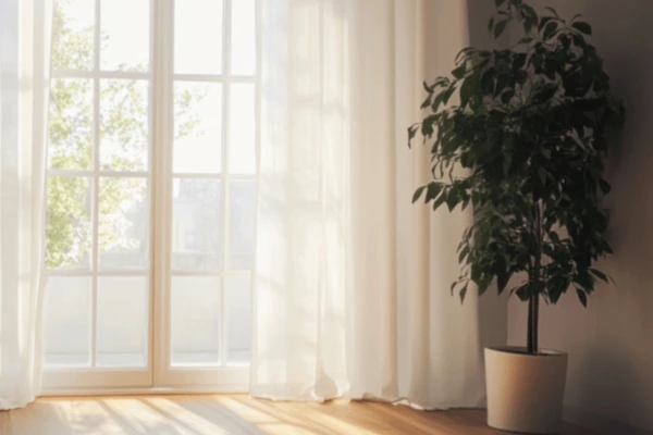 Sunlit Dubai room with floor-to-ceiling sheer white curtains, wooden flooring, and a large indoor potted plant beside the window.