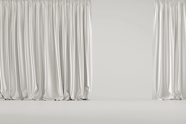 Elegant satin white curtains with soft folds, creating a luxurious and modern look for Dubai homes in 2025.