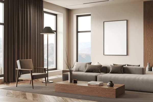 Modern minimalist living room with floor-to-ceiling dark brown curtains, large windows, grey furniture, and wooden textures in a neutral palette.