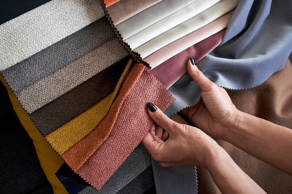 Hands selecting high-quality curtain fabrics in rich colors and textures from Emirati Blinds & Curtains Dubai 2025 collection.