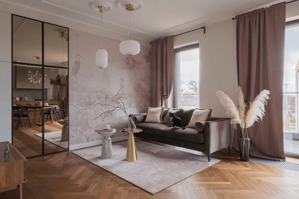 Elegant falling curtains in Dubai 2025 styled with warm earthy interiors, creating a cozy and modern home atmosphere.