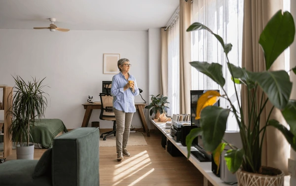Senior woman standing in a bright living room with beige normal sized short curtains in Dubai 2025, modern furniture, and indoor plants.