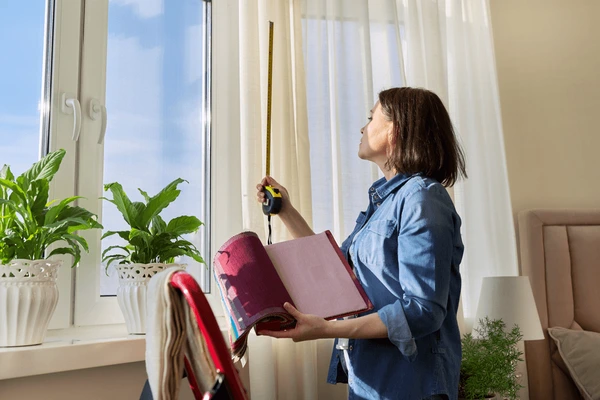 Female designer measuring window height while holding fabric samples for normal sized short curtains in Dubai.

