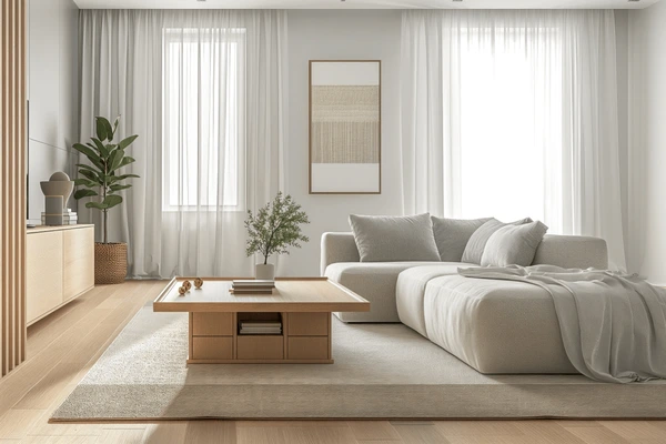 Stylish living room in Dubai featuring perfectly measured white curtains with a cozy sofa and wooden furniture, 2025.