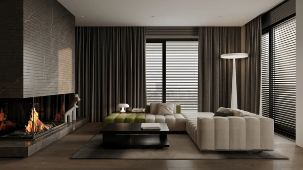 Elegant modern living room with dark grey measured curtains, cozy fireplace, and luxury furniture in Dubai 2025.