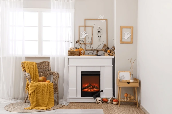 Festive living room in Dubai decorated for Halloween 2025 with sheer white curtains, pumpkins, and a glowing fireplace creating a cozy and stylish seasonal ambiance.