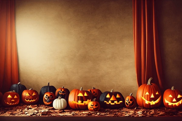 A collection of glowing carved pumpkins placed under warm orange Halloween curtains, creating a cozy, elegant festive interior look for homes in Dubai 2025.